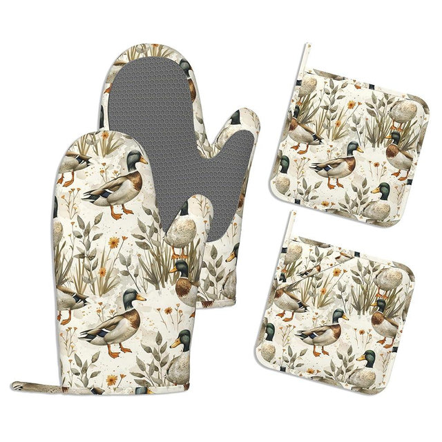 Farmhouse Mallard Duck Pot Holders and Oven Mitts,Rustic Wildflower Oven Mitts Heat Resistant Cotton Lining Anti-Slip Silicone Kitchen Mitts Set Hot Pads for Microwaves Cooking Baking Grilling