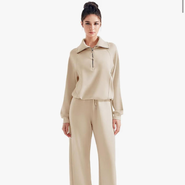 SUUKSESS Women 2 Piece Lounge Matching Set Wide Leg Sweatpant Half Zip Sweatshirt