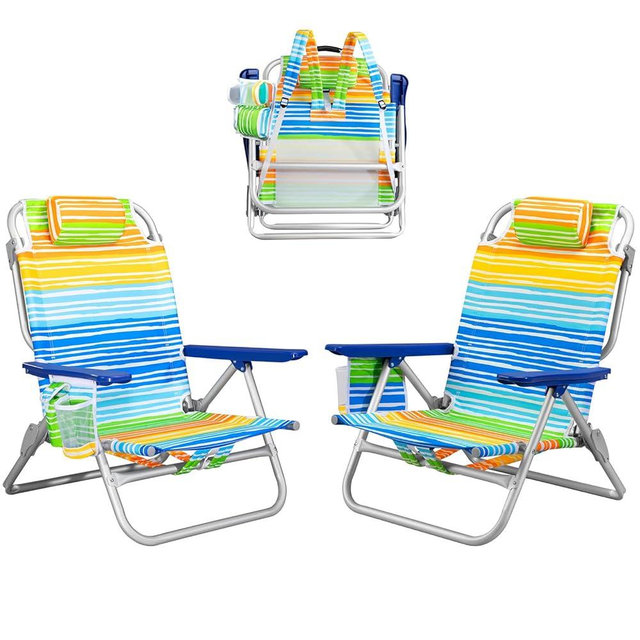 PRETZI Backpack Beach Chairs for Adults - Folding Heavy Duty Camping Chair with Storage Pouch, Cup Holder & Towel Rack, Lightweight & Adjustable Lounge Chair for Outdoor,Travel (2 Packs/Rainbow)