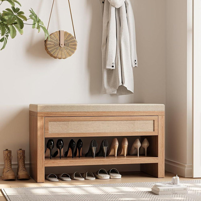 astimey 32” Shoe Bench with Storage Drawer, Farmhouse Entryway Bench with Linen Seat Cushion, Wooden Shoe Rack with Shelf for Entryway Hallway Living Room Bedroom, Oak