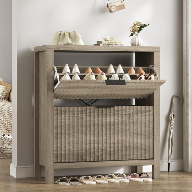 YOMILUVE Shoe Cabinet Storage for Entryway, Fluted Shoe Cabinet with 2 Flip Drawers, Hidden Shoe Rack Tall Freestanding Shoe Organizer with Legs for Hallway, Gray