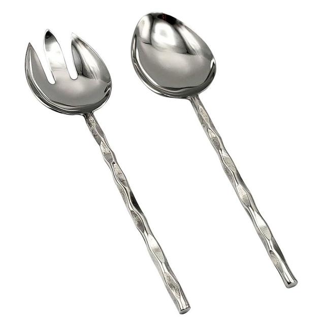 Elyon Diamond Reflective Silver Salad Serving Set Indian Artisan Made Hostess Set Hand Forged Stainless Steel 2 Pieces