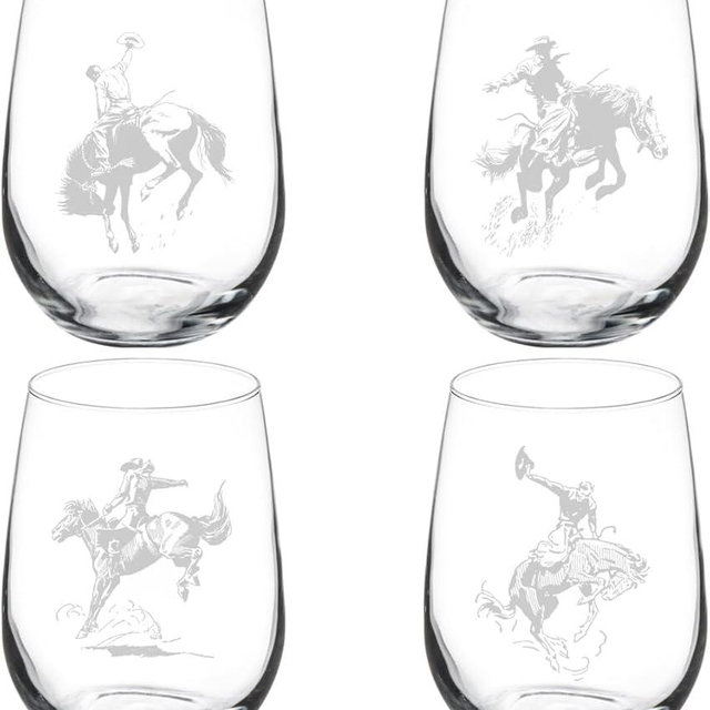 MIP Set of 4 Wine Glass Gift Bronco Buster Rodeo Western Cowboy Horses Collection (17 oz Stemless)