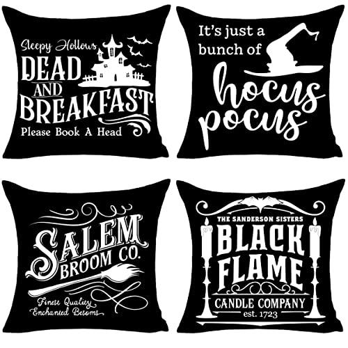 PSDWETS Fall Decor Black Throw Pillow Covers Set of 4 with Halloween Decorations Quotes Hocus Pocus Cotton Linen Home Pillow Covers 18 x 18 Inches for Rustic Modern Farmhouse