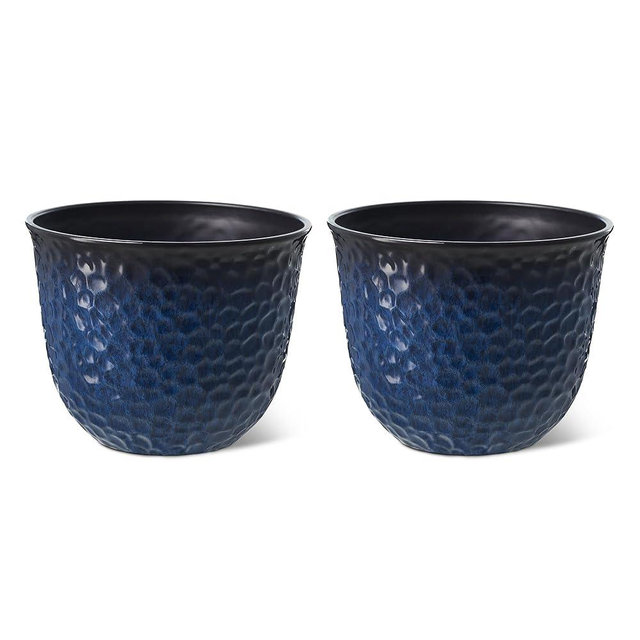 Glitzhome 15.25" D Faux Ceramic Planters, Set of 2 Honeycomb Textured Gradient Cobalt Blue Plant Pots with Drainage Hole, Modern Plastic Round Flower Pots Containers for Home Garden Patio Balcony