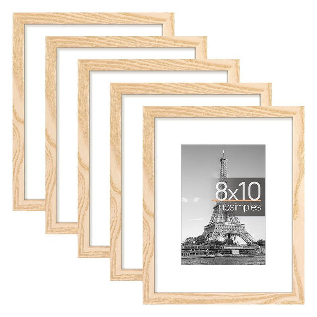upsimples 8x10 Picture Frame Set of 5, Display Pictures 5x7 with Mat or 8x10 Without Mat, Wall Gallery Photo Frames, Natural