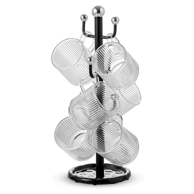 Leijosya 6 high-end glass coffee cups with handles and cup holders, 12 ounce classic vertical striped glass mug, transparent tea cups for hot and cold drinks, American style, latte, cappuccino cup