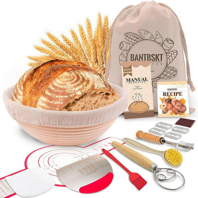 Sourdough Bread Baking Supplies, Sourdough Starter Kit, 9" Round Sourdough Proofing Basket with Full Baking Accessories, Banneton Bread Proofing Basket, Bread Baking Gift