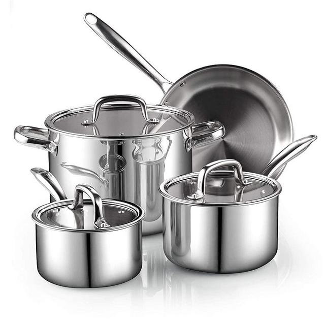 Cook N Home 7-Piece Tri-Ply Clad Stainless Steel Cookware Set, Silver