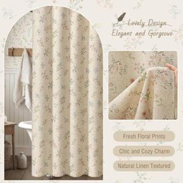 Floral Farmhouse Vintage Linen Shower Curtain, French Country Spring Shower Curtains for Bathroom, 72Wx72H