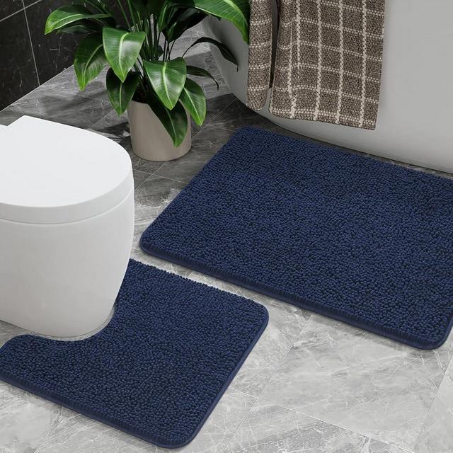 AROGAN Bathroom Rug Sets 2 Piece, 20"x20" U-Shaped Toilet Mat and 21"×34" Bath Mats Bathroom Floor Set, Washable Bath Rug Set, Absorbent Soft Non Slip Bathroom Rug Set, Navy Blue