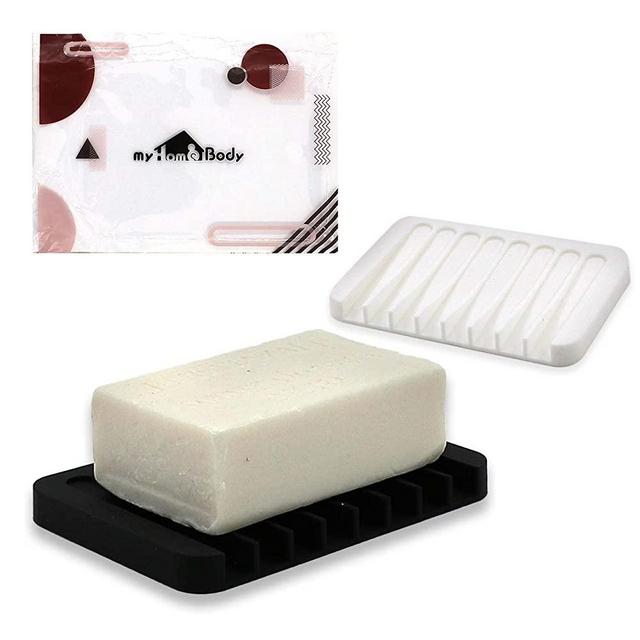 Waterfall Soap Dish | Self Draining Soap Dish as Soap Savers for Bar Soap | Bar Soap Holder, Soap Dish for Shower | Soap Tray for Bathroom Accessories, Kitchen| Silicone, Ink & White, Set of 2