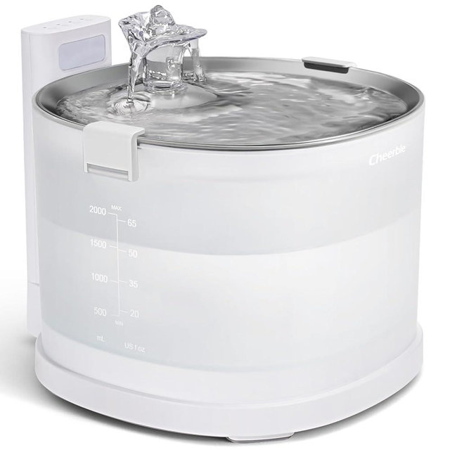 Cheerble Pumpless Cat Water Elfin Fountain, Wireless Pet Fountain Battery Operated, 2L/67oz E1+ Automatic Water Dispenser Cats & Dogs MagDrive™ Technology Stainless Steel Tray, No Cleaning Hassle