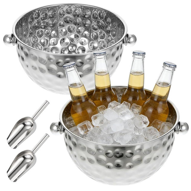 2 Pack Ice Buckets with Scoops, 4.6L&6L Metal Beverage Tubs, Stainless Steel Wine Bucket, Champagne Bucket, Large Ice Buckets for Parties Beer Bottle Drinks, Dishwasher Safe