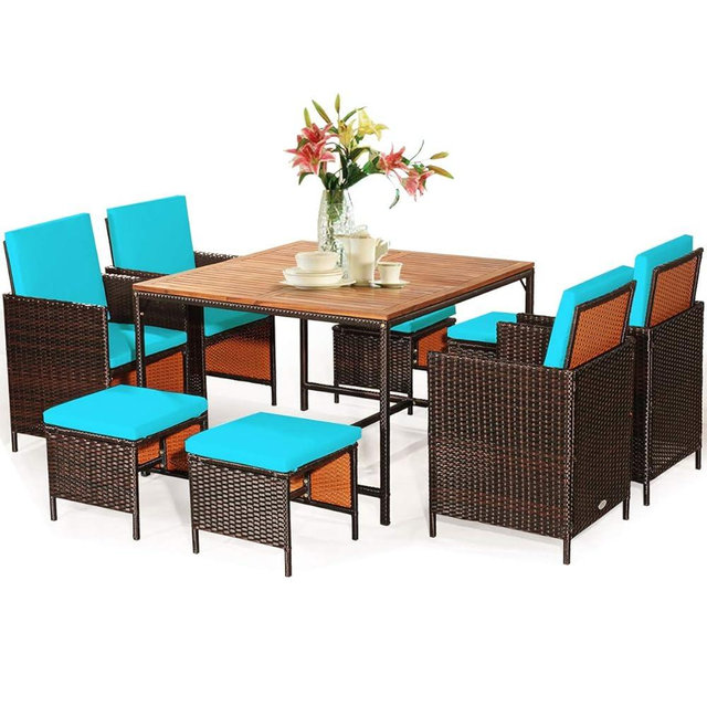 Tangkula 9 Pieces Acacia Wood Patio Dining Set, Space Saving Wicker Chairs and Wood Table with Umbrella Hole Outdoor Furniture Set, Suitable for Garden, Yard, Poolside, Outdoor Seating Set
