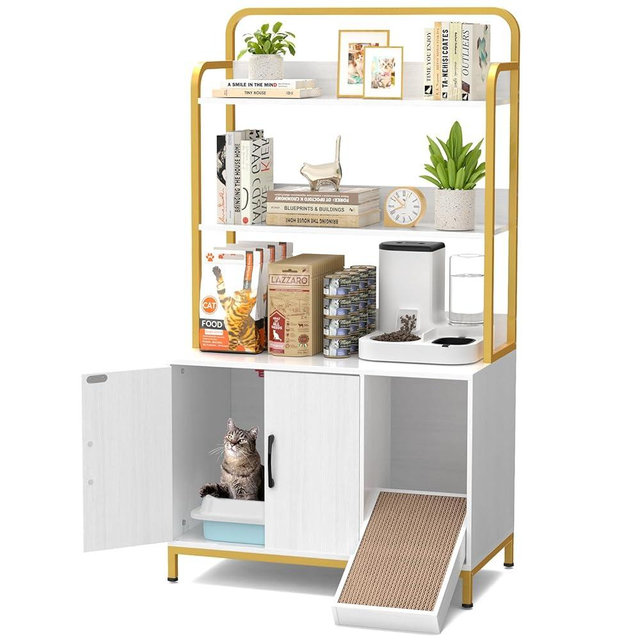 Easycom Cat Litter Box Enclosure Furniture with Shelves, Indoor Litter Box Furniture, Hidden Litter Box with Storage, Wooden Cat House with Cat Scratching Pad, Fit Most Cat Litter Box