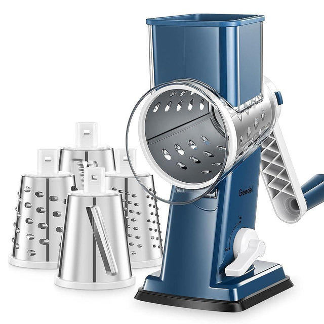 Geedel Rotary Cheese Grater - Upgraded Vegetable Shredder with 4 Interchangeable Blades, Easy to Clean Cheese Shredder with Handle, Kitchen Grater Nuts Grinder for Cutting Cheese, Vegetable, Nuts