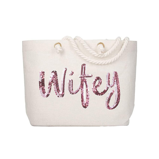 ElegantPark Wifey Wedding Bride Tote Bridal Shower Gifts for Engagement Wedding Party Honeymoon Beach Shoulder Bag with Rose Gold Sequin with Interior Pocket Jute