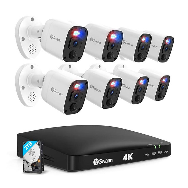 Swann 4K Security Camera System DVR with 2TB HDD, 8 Channel 8 Cam, Indoor Outdoor Wired 8MP Home Surveillance Bullet Cameras, Color Night Vision, 24/7,Heat Motion Detection, LEDs, Sirens and Mic