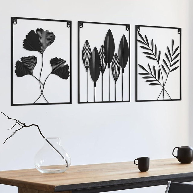 KHJCXS Black Wall Decor Metal Wall Art Modern Minimalist Metal Leaf Wall Hanging Decor,for Living Room,Bedroom, Bathroom,Hotel And Office (3pcs)