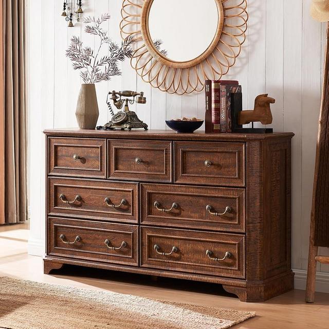 T4TREAM Farmhouse 7 Drawers Dresser for Bedroom, 54" Wide Wood Rustic Chest of Drawers with Natural Texture, Vintage Design, Storage Dressers Organizer for Bedroom, Living Room, Reclaimed Barnwood