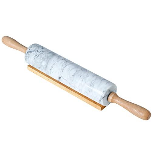 Snugrom Polished Marble Rolling Pin with cradle, 18 inch, Non Stick Surface, Heavy Duty and Soild Rolling Pin with Handle and Wooden Base White,F150,for Fondant, Pie Crust, Cookie, Pastry, Dough