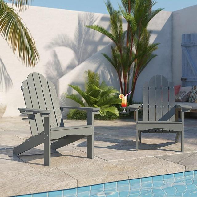 LUE BONA Adirondack Chairs Set of 2, Gray Weather Resistant Patio Chair, Adirondack Chairs with Cup Holder, 350LBS Modern Adirondack Chair, Poly Plastic Adirondack Chairs for Patio, Garden