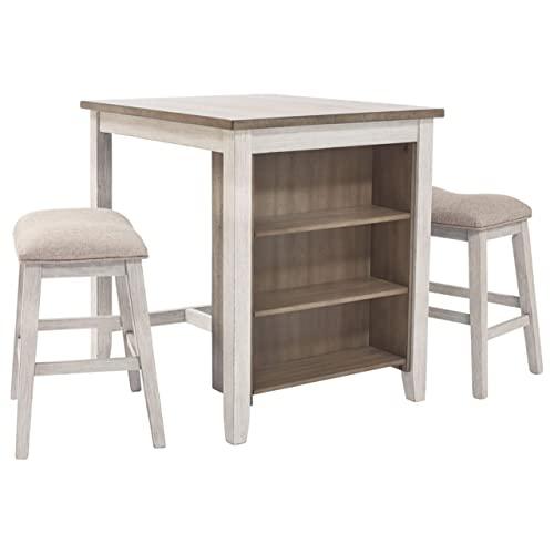 Signature Design by Ashley Skempton Counter Height Dining Room Table and Bar Stools (Set of 3), White/Light Brown