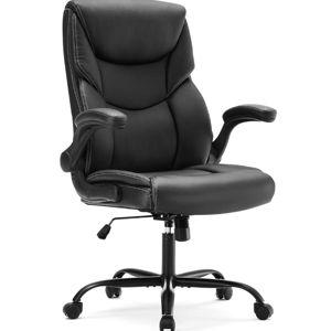 DUMOS Office Chair - Ergonomic Executive Computer Desk Chairs with Adjustable Flip-up Armrest, Swivel Task Chair with Lumbar Support, Strong Metal Base, PU Leather, Black