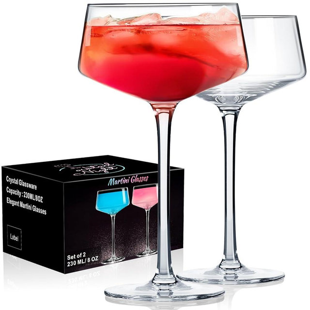PARACITY Martini Glasses, Coupe Glasses, Cocktails Glasses of Hand Blown, Perfect for Cocktails, Martinis, Margaritas, Parties, Catering Boxes and Gifts（8 oz/240ml） (Set of 2)