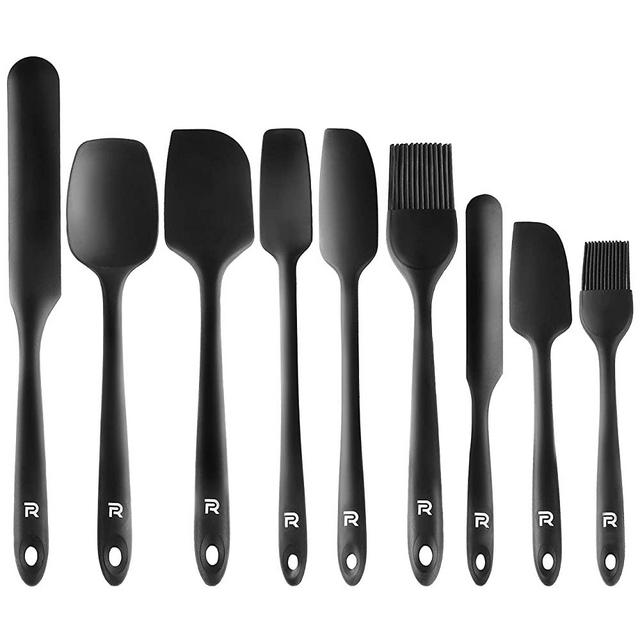 Riveira Silicone Spatula Set 9-Piece 600°F+ Heat Resistant kitchen utensils set Cooking Utensils Set Plastic Rubber Spatulas for Nonstick Cookware Baking Spoon Sets for Kitchen in Black