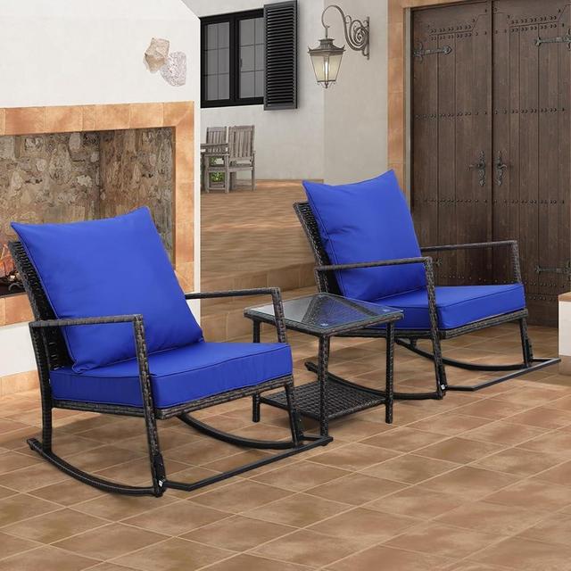 Valita Patio Set - 3 Piece Outdoor Furniture with Rocking Chairs, Patio Table, Wicker, Royal Blue - Includes Non-Slip Cushions