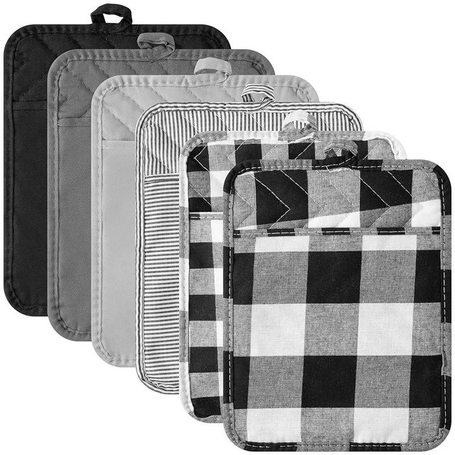 R HORSE 6Pcs Pot Holder with Pocket Black Check Pocket Pot Holder Set Cotton Plaid Kitchen Heat Resistant Potholder Non-Slip Potholder Oven Mitts Hot Pads Terry Cloth Pot Holders for Cooking Baking