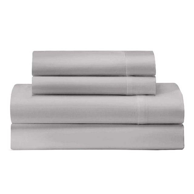 Feather & Stitch 300 Thread Count Percale Weave 100% Cotton Bed Sheets + 2 Pillowcases, Fits Mattress 16'' Deep Pocket, Luxury Breathable 4 Piece Bedding Set, Grey King