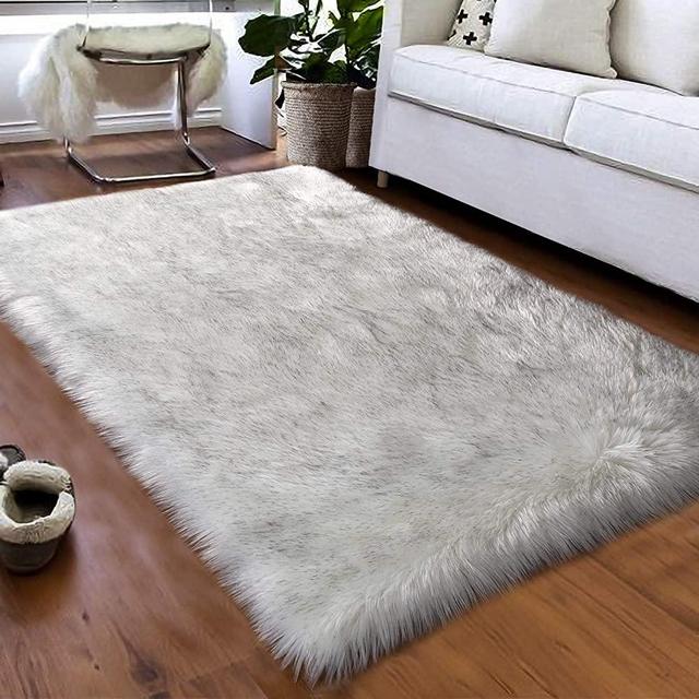 Softlife Faux Fur Sheepskin Area Rugs Shaggy Wool Carpet for Girls Room Bedroom Living Room Home Decor Rug (3ft x 5ft, White-Grey Tip)