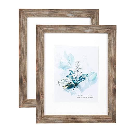 KAIWIN 100% Solid Wood Brown 11x14 Picture Frame 2 Pack - Display Picture 8x10 with Mat, HD Glass Inside, Rustic Wooden Photo Frames for Wall Mounting