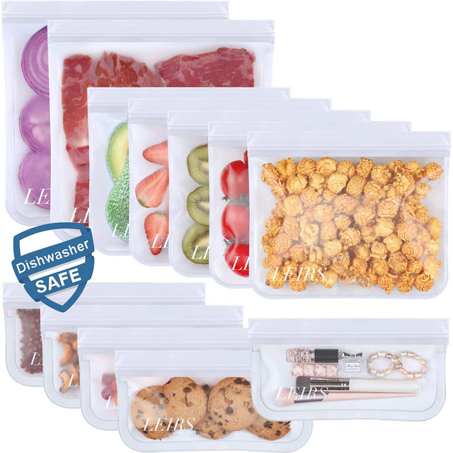 Dishwasher Safe Reusable Storage Bags,12 Pack BPA Free Reusable Freezer Bags (5 Reusable Sandwich Bags, 5 Reusable Snack Bags, 2 Reusable Gallon Bags), Leakproof Lunch Bag for Food Storage (White)