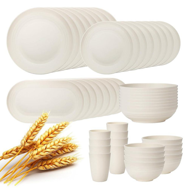 Lazycorner 48-Piece Wheat Straw Dinnerware Sets for 8, Unbreakable Reuasble Dinner Dishes Serving Plate Set for Kitchen, Including Plastic Dinner Plate, Dessert Plates, Bowl, Cup(Beige)