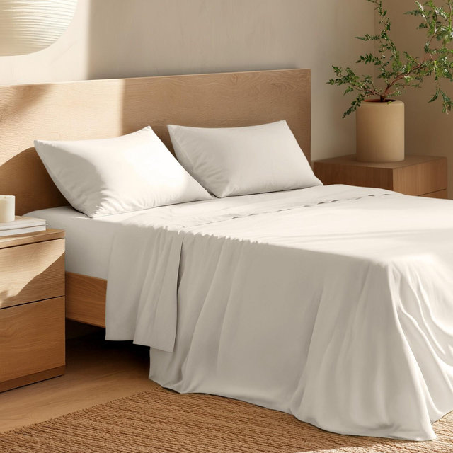 4 Piece 100% Organic Cotton Percale Cooling Sheet Set by Bare Home - California King, French Beige