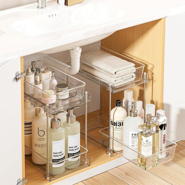Vtopmart 2 Pack Higher Bathroom Organizer, 2 Tier White Under Sink Organizers Vanity Countertop Storage Container,Cabinet Drawers Bins, Pull-Out Organization with Track for Pantry, Kitchen