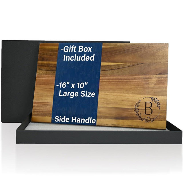 Personalized Cutting Board, 16 x 10" Monogram Initials Solid Wood Cutting Board with Gift Box, Thick & Large Size, Perfect Bridal Shower, Wedding, Housewarming, Anniversary, Birthday, Mom Gift (B)