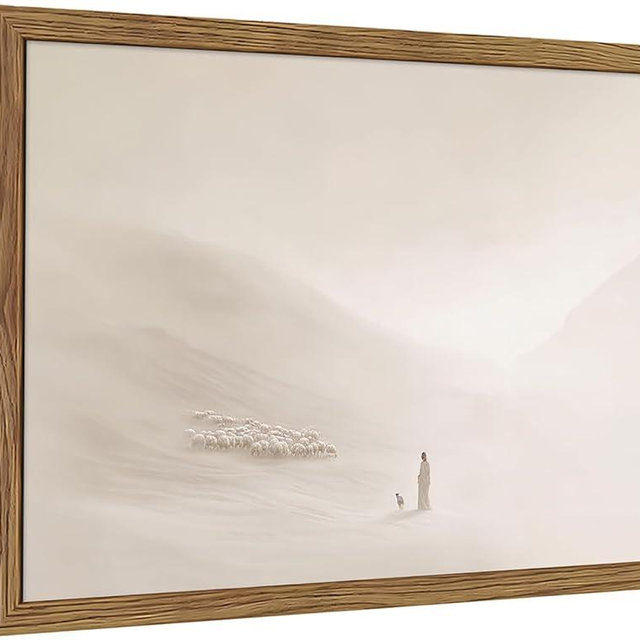 Framed Christian Wall Art, Jesus Leaves the 99 Sheep Picture Art Print, Vintage Religious Faithful Shepherd Painting, Modern Bible Canvas Wall Decor for Church Prayer Room Living Room 12x16 inch