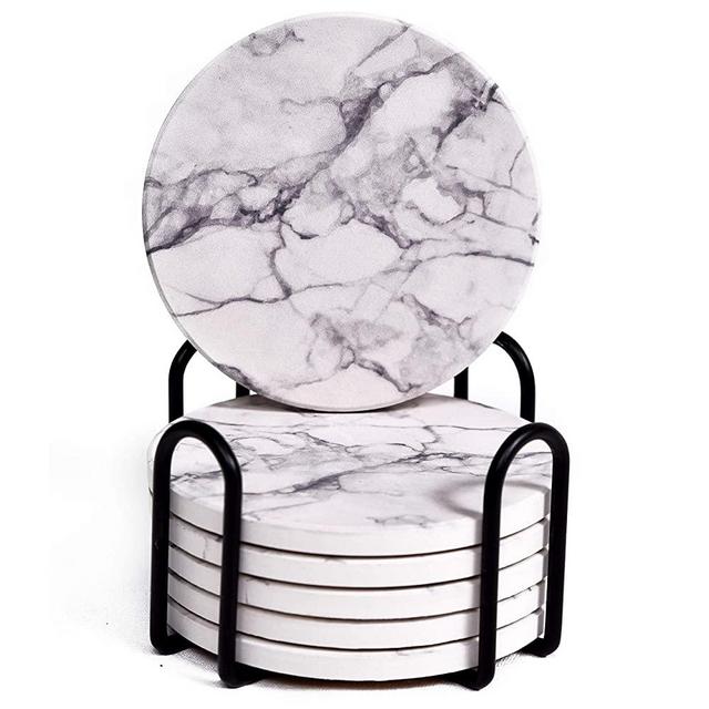 LONDON LINENS Set of Six Grey Coasters, Faux Marble Coasters for Drinks, Ceramic Coasters, Absorbent with Holder, Coasters for Wooden Table, Cork Coasters, 6 Coasters with Holder