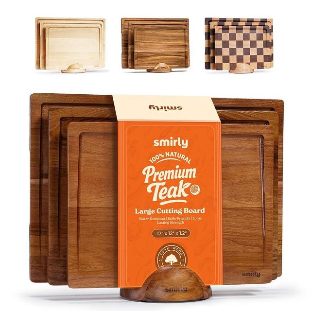 SMIRLY Wood Cutting Boards for Kitchen Wooden Chopping Board Set Reversible with Deep Juice Grooves Grip Handles, Large Charcuterie Tray, Ideal for Chopping Meat Vegetables Teak Wood, 3Pcs with Holder