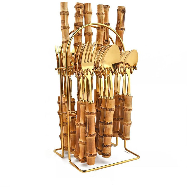 Snplowum 24-Piece Gold Stainless Steel Flatware Set, Bamboo Handle Cutlery with Stand Dinnerware Set Include Knife Fork Spoon And Teaspoon, Service For 6, Mirror Finished.
