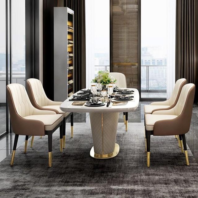 Modern 63" Marble Rectangular Pedestal Dining Table PU Leather & Stainless Steel in Gold