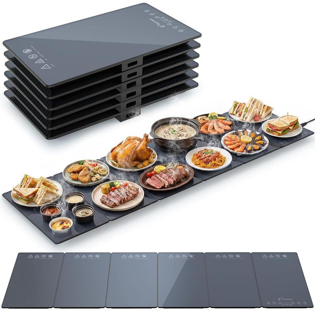 Yazzropt 50" x 15" Food Warmers for Parties Buffet, 6-in-1 Electric Warming Trays for Buffets Party, Glass Warming Mat Hot Plate with 17 Heat Levels & 12H Timer for Family Dinners Catering Gatherings