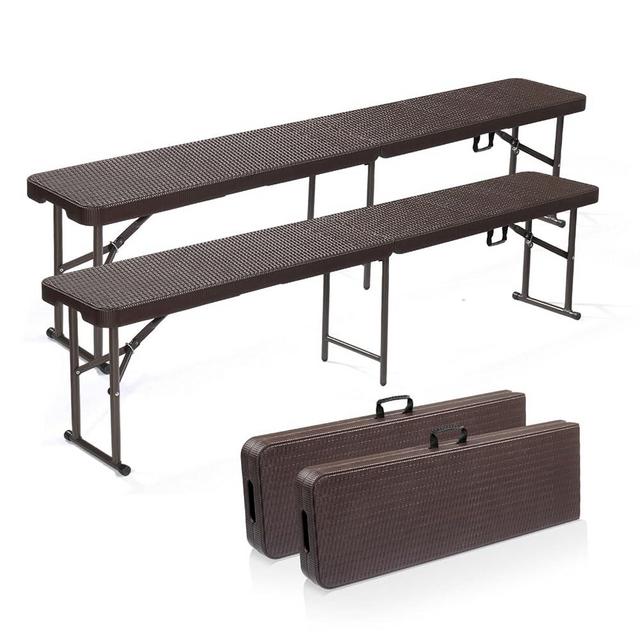 VINGLI 6 feet Plastic Folding Bench,Portable in/Outdoor Picnic Party Camping Dining Seat, Garden Soccer Multipurpose Entertaining Activities, Rattan Patterned HDPE Tabletop, 2 Pack, Brown