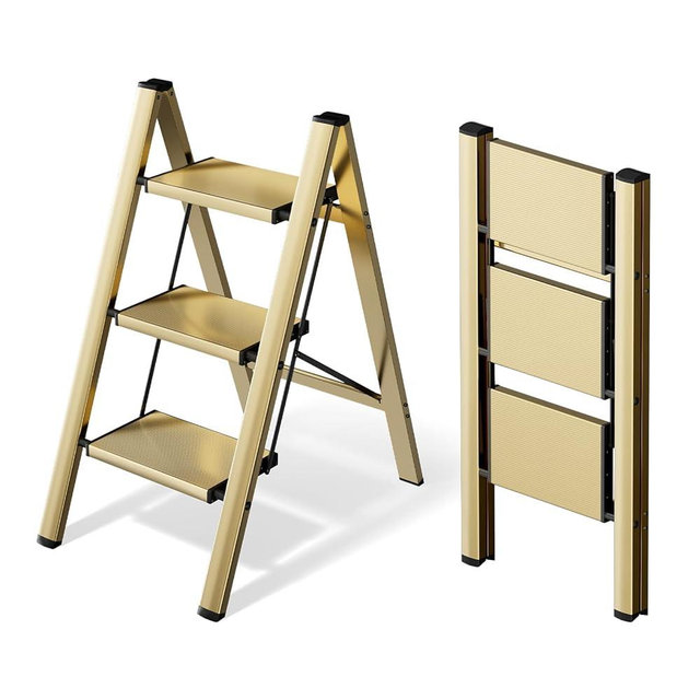 HillhutApex 3 Step Ladder, Lightweight Portable 3 Step Stool with Anti-Slip Wide Pedal,330lbs Capacity Aluminum Ladder for Household,Office,Library(Gold)