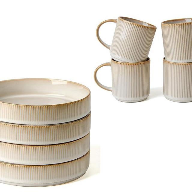 famiware 7.5" Paste Bowl Set (4 Piece) and Coffee Mug Set for 4 (12 oz) - Cappuccino White